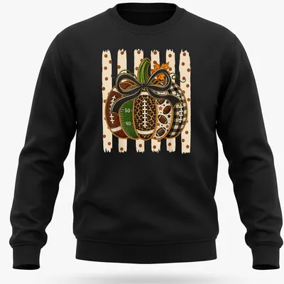 Colorful illustration of a pumpkin with footballs and bow in autumn hues — printed on a unisex sweatshirt