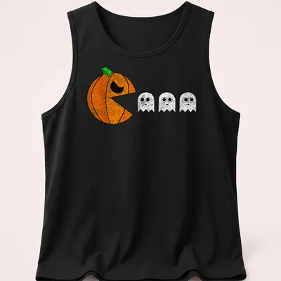 Cartoon design featuring playful pumpkins and ghosts for Halloween. — printed on a tank top