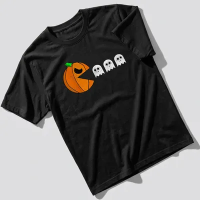 Cartoon design featuring playful pumpkins and ghosts for Halloween. — printed on a unisex t-shirt