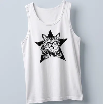 Grunge aesthetic t-shirt featuring a punk kitten surrounded by stars in black and white. — printed on a tank top