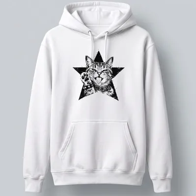 Grunge aesthetic t-shirt featuring a punk kitten surrounded by stars in black and white. — printed on a unisex hoodie