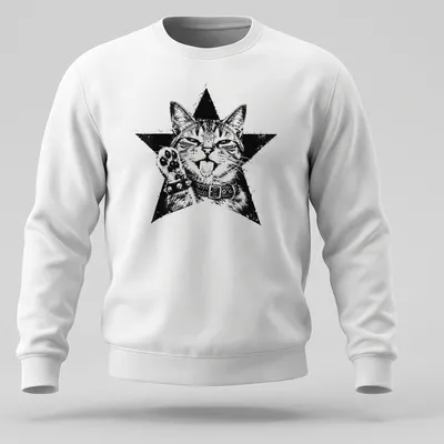 Grunge aesthetic t-shirt featuring a punk kitten surrounded by stars in black and white. — printed on a unisex sweatshirt