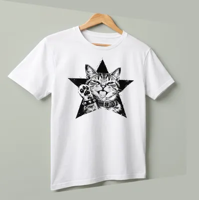 Grunge aesthetic t-shirt featuring a punk kitten surrounded by stars in black and white. — printed on a unisex t-shirt (angled view)