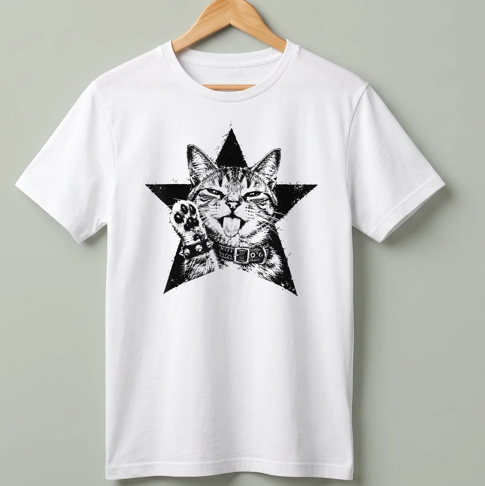 Grunge aesthetic t-shirt featuring a punk kitten surrounded by stars in black and white. — printed on a unisex t-shirt