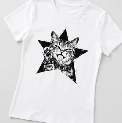 Grunge aesthetic t-shirt featuring a punk kitten surrounded by stars in black and white. — printed on a women's shirt