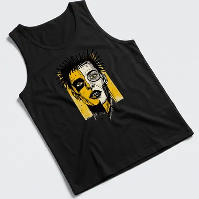 Street art style split face portrait on a vibrant yellow — printed on a tank top