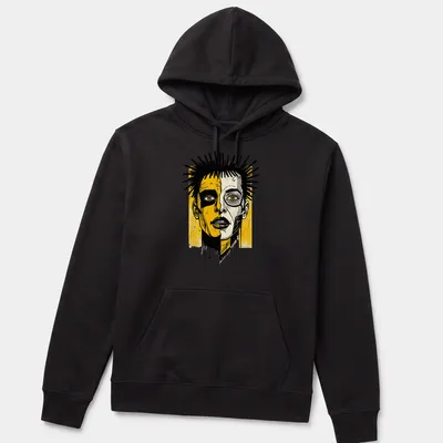 Street art style split face portrait on a vibrant yellow — printed on a unisex hoodie