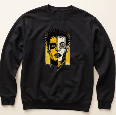Street art style split face portrait on a vibrant yellow — printed on a unisex sweatshirt