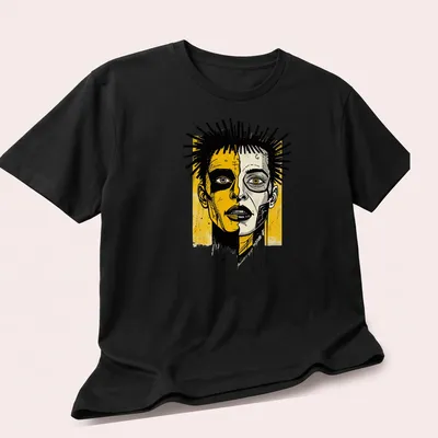 Street art style split face portrait on a vibrant yellow — printed on a unisex t-shirt (angled view)
