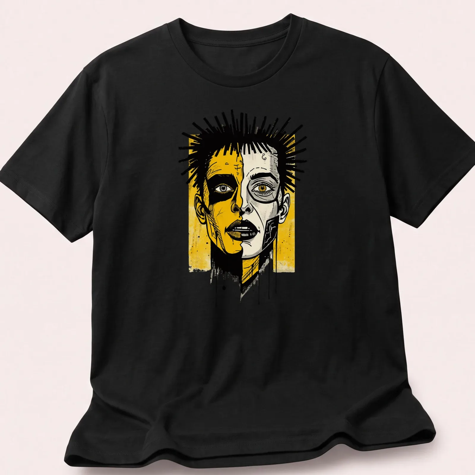 Street art style split face portrait on a vibrant yellow — printed on a unisex t-shirt