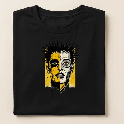 Street art style split face portrait on a vibrant yellow — printed on a women's shirt