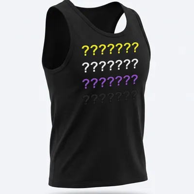 Minimalist t-shirt featuring colorful question marks and text about gender identity — printed on a tank top