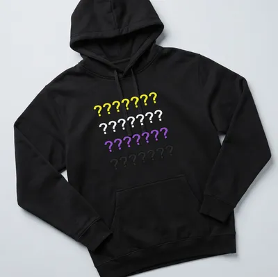 Minimalist t-shirt featuring colorful question marks and text about gender identity — printed on a unisex hoodie