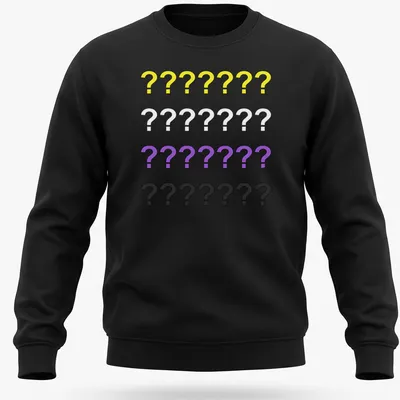 Minimalist t-shirt featuring colorful question marks and text about gender identity — printed on a unisex sweatshirt