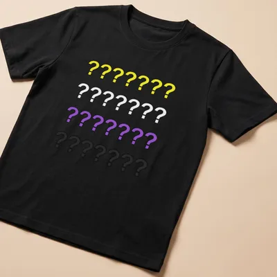 Minimalist t-shirt featuring colorful question marks and text about gender identity