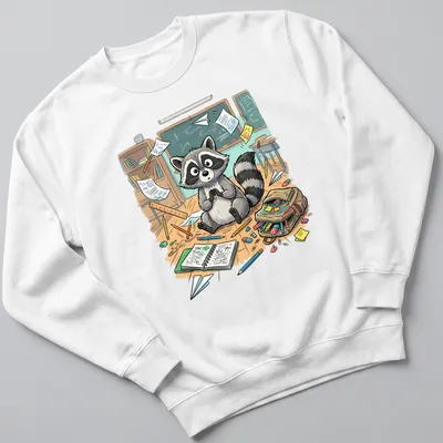 Kawaii raccoon graphic with 'Back To School Vibes' text in colorful design — printed on a unisex sweatshirt