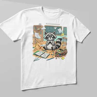 Kawaii raccoon graphic with 'Back To School Vibes' text in colorful design — printed on a unisex t-shirt (angled view)