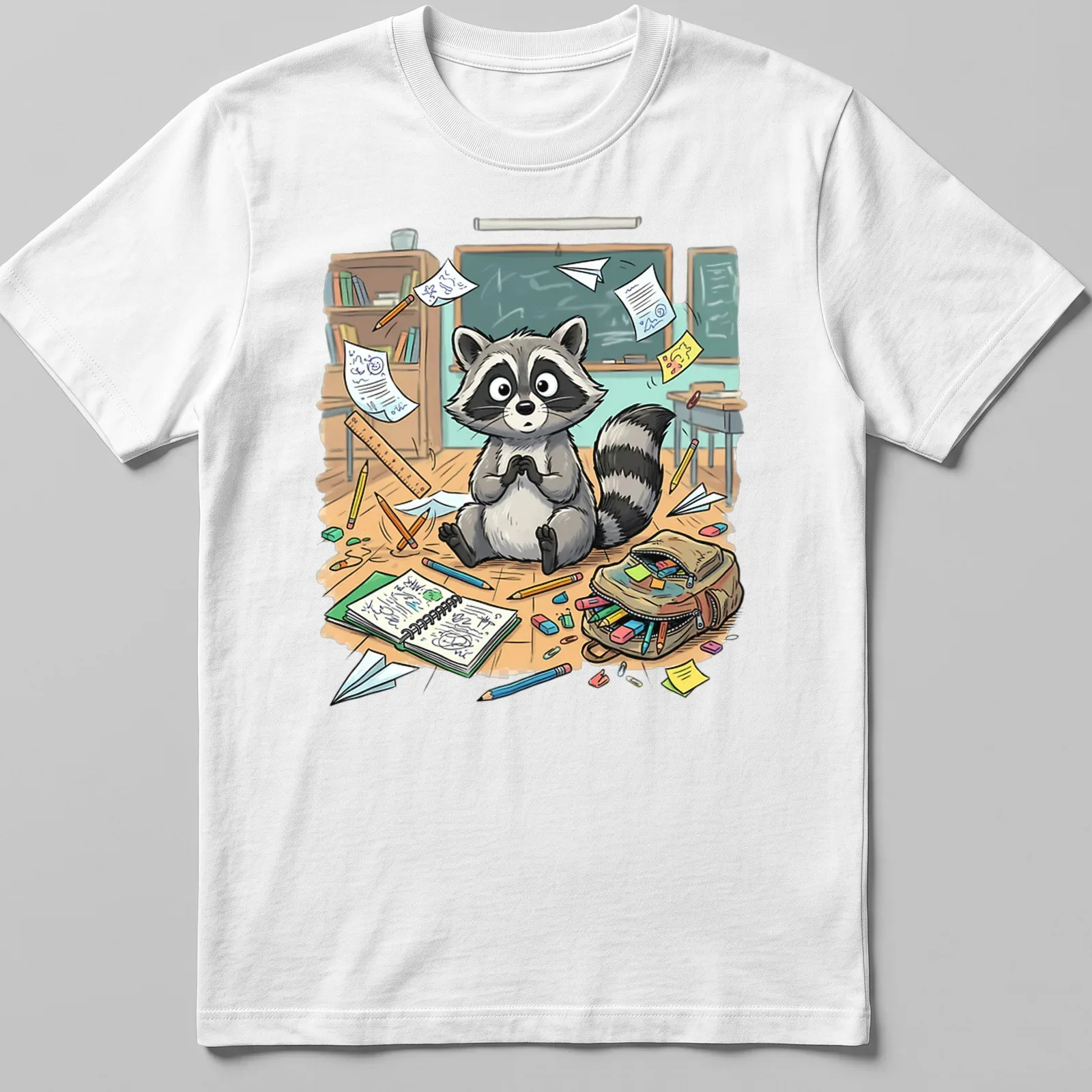 Kawaii raccoon graphic with 'Back To School Vibes' text in colorful design — printed on a unisex t-shirt