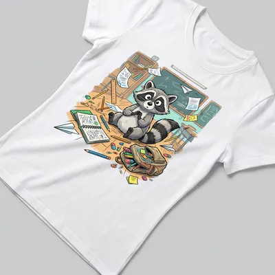 Kawaii raccoon graphic with 'Back To School Vibes' text in colorful design — printed on a women's shirt