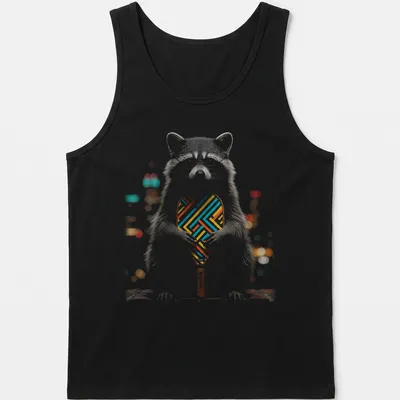 Illustrative shirt featuring a raccoon holding a geometric pickleball paddle in colorful design. — printed on a tank top