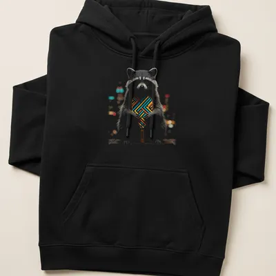 Illustrative shirt featuring a raccoon holding a geometric pickleball paddle in colorful design. — printed on a unisex hoodie