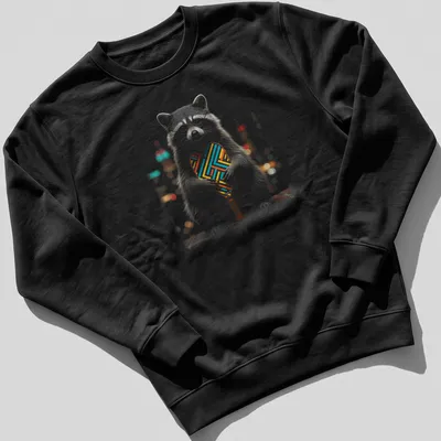 Illustrative shirt featuring a raccoon holding a geometric pickleball paddle in colorful design. — printed on a unisex sweatshirt