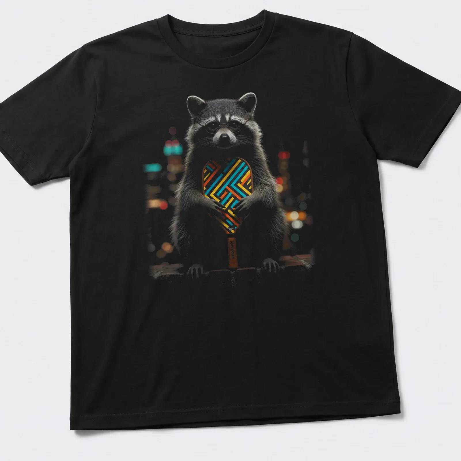 Illustrative shirt featuring a raccoon holding a geometric pickleball paddle in colorful design. — printed on a unisex t-shirt