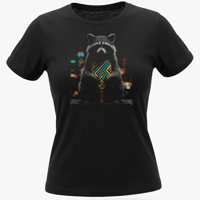 Illustrative shirt featuring a raccoon holding a geometric pickleball paddle in colorful design. — printed on a women's shirt