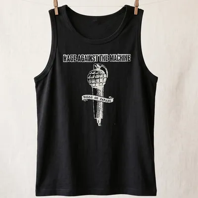 Vintage-style T-shirt featuring Rage Against The Machine text and a grenade-microphone design. — printed on a tank top