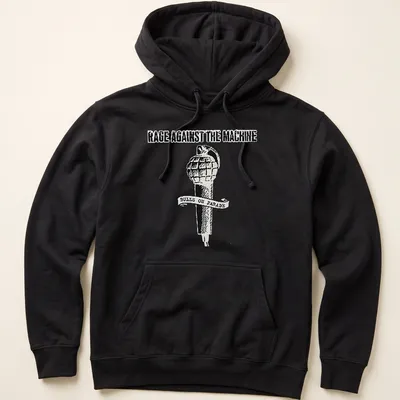 Vintage-style T-shirt featuring Rage Against The Machine text and a grenade-microphone design. — printed on a unisex hoodie