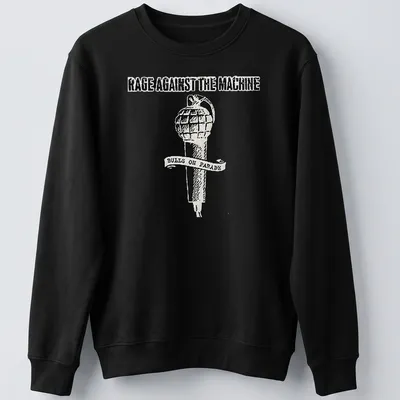 Vintage-style T-shirt featuring Rage Against The Machine text and a grenade-microphone design. — printed on a unisex sweatshirt