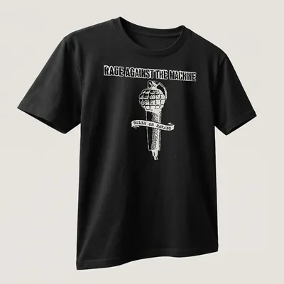 Vintage-style T-shirt featuring Rage Against The Machine text and a grenade-microphone design. — printed on a unisex t-shirt (angled view)