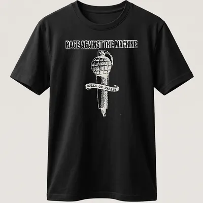 Vintage-style T-shirt featuring Rage Against The Machine text and a grenade-microphone design.