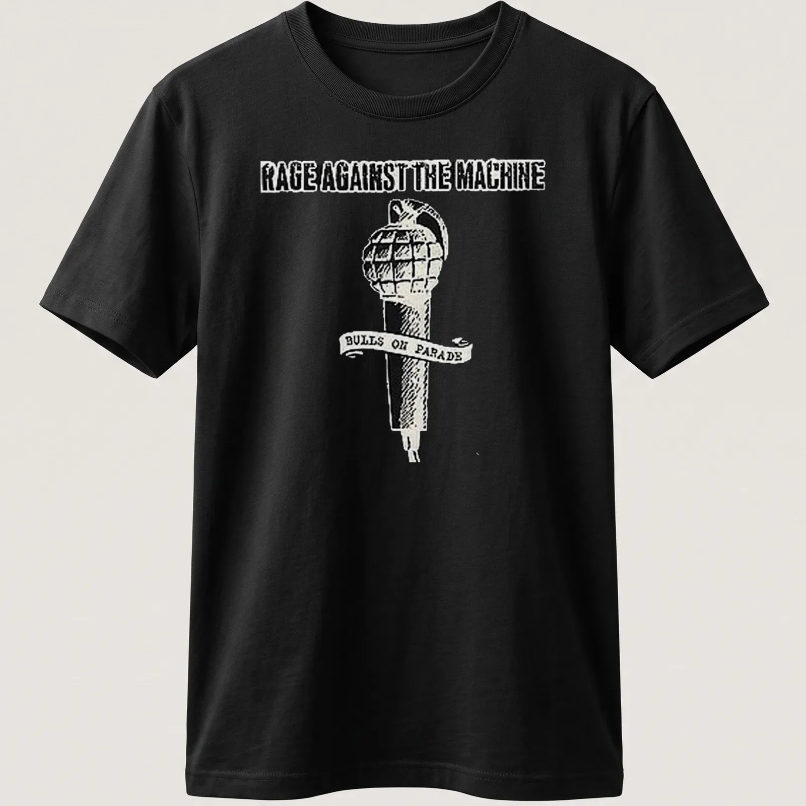 Vintage-style T-shirt featuring Rage Against The Machine text and a grenade-microphone design. — printed on a unisex t-shirt