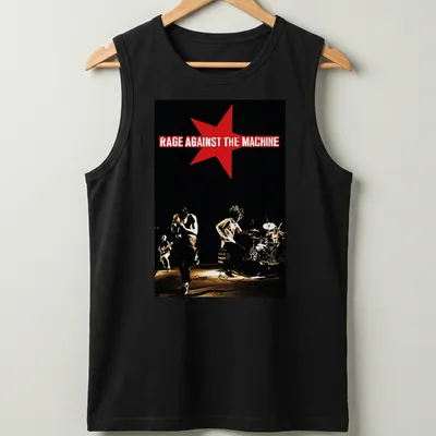 Vintage concert tee featuring Rage Against The Machine text in red and white on black. — printed on a tank top