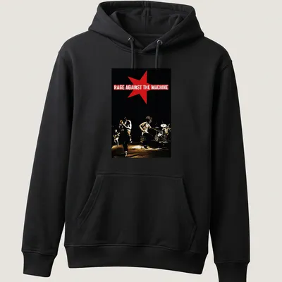 Vintage concert tee featuring Rage Against The Machine text in red and white on black. — printed on a unisex hoodie