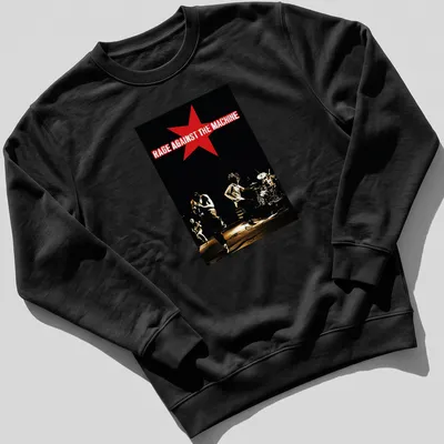 Vintage concert tee featuring Rage Against The Machine text in red and white on black. — printed on a unisex sweatshirt