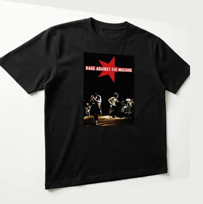 Vintage concert tee featuring Rage Against The Machine text in red and white on black. — printed on a unisex t-shirt (angled view)