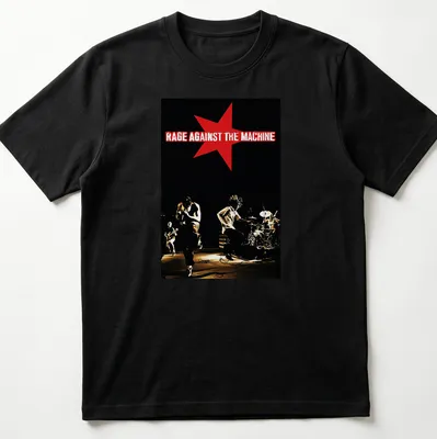 Vintage concert tee featuring Rage Against The Machine text in red and white on black.