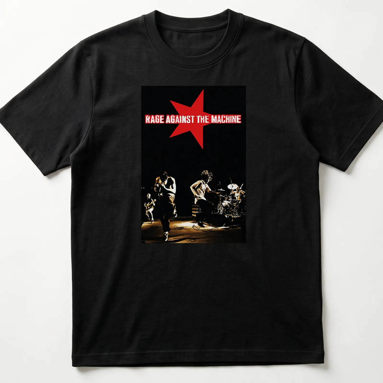 Vintage concert tee featuring Rage Against The Machine text in red and white on black. — printed on a unisex t-shirt