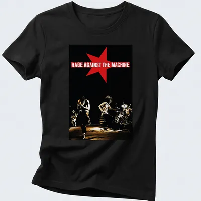 Vintage concert tee featuring Rage Against The Machine text in red and white on black. — printed on a women's shirt