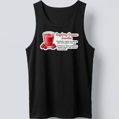 Illustrative t-shirt featuring raspberry banana smoothie ingredients and blending instructions — printed on a tank top