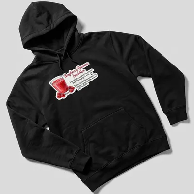 Illustrative t-shirt featuring raspberry banana smoothie ingredients and blending instructions — printed on a unisex hoodie
