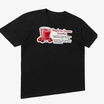 Illustrative t-shirt featuring raspberry banana smoothie ingredients and blending instructions — printed on a unisex t-shirt (angled view)