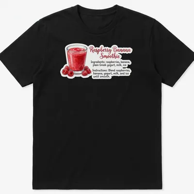 Illustrative t-shirt featuring raspberry banana smoothie ingredients and blending instructions — printed on a unisex t-shirt