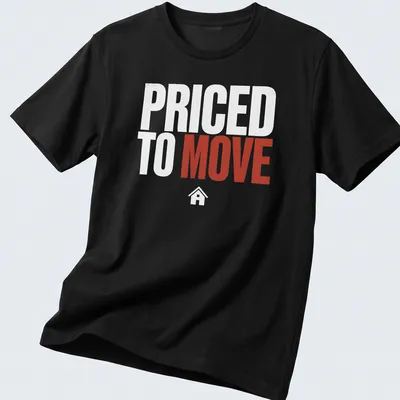 Bold modern print of a house design with 'PRICED TO MOVE' text in red and white