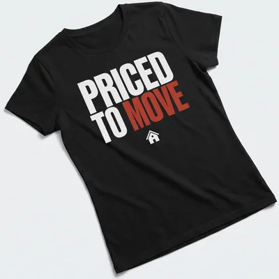 Bold modern print of a house design with 'PRICED TO MOVE' text in red and white — printed on a women's shirt