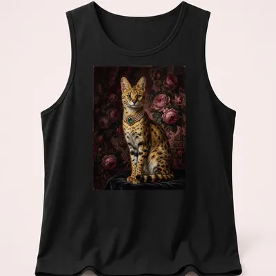 Realistic portrait of a serval cat with an emerald necklace in rich colors — printed on a tank top