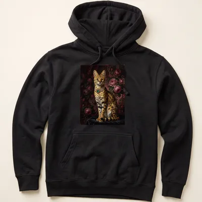 Realistic portrait of a serval cat with an emerald necklace in rich colors — printed on a unisex hoodie