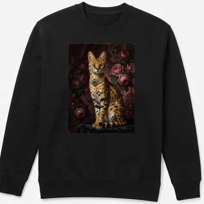 Realistic portrait of a serval cat with an emerald necklace in rich colors — printed on a unisex sweatshirt